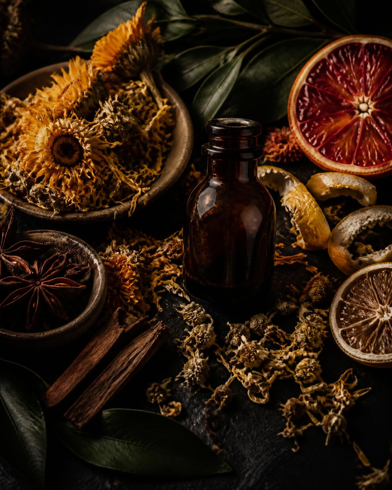 Dried healing herbs, citrus, spices, and an amber apothecary bottle